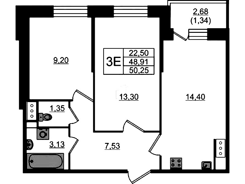 2-комнатная квартира 50.25 м², 9/23 эт., ЖК «Живи! В Рыбацком»
